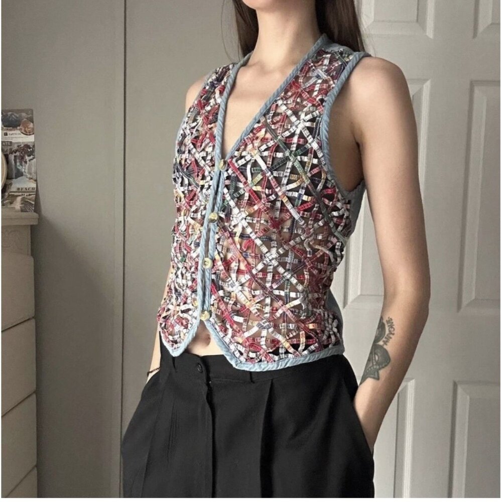 Cascade Blues Patchwork Woven Vest 90's Teachercore Crafty Unique Grannycore Med